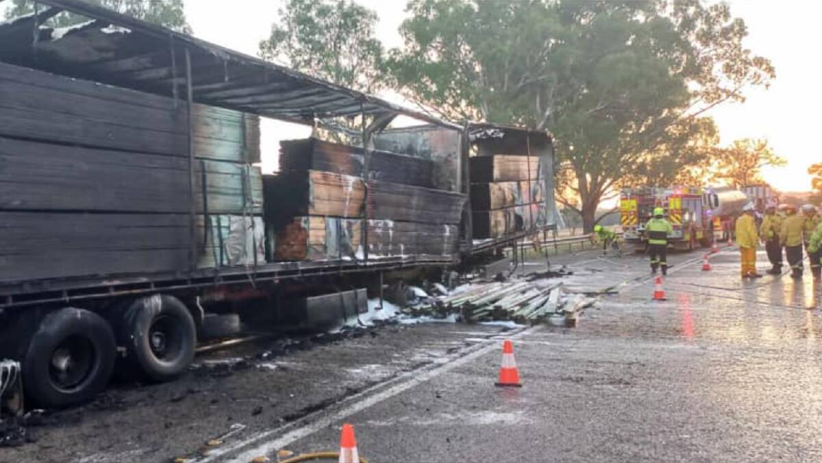 A truck carrying timber went up in flames at Yarragundry on the weekend prompting a fast response from firefighters. Picture by Glenfield Rural Fire Brigade