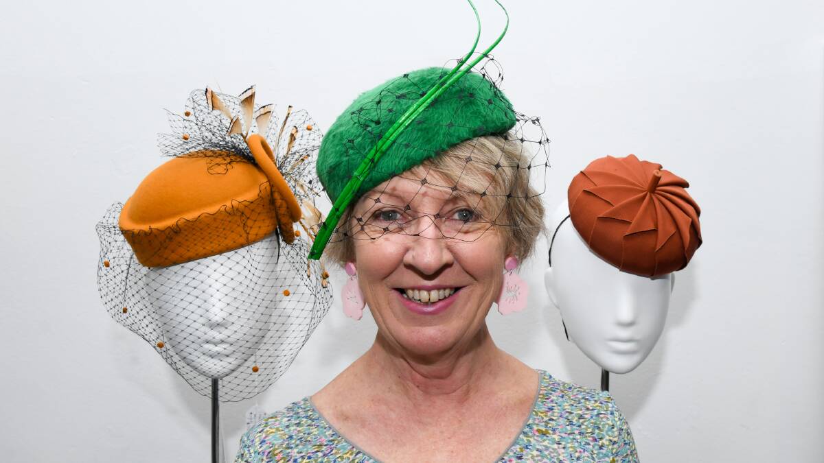 Milliner Carmel Butler with some of her favourite designs ahead of the Wagga Gold Cup carnival, which starts on Thursday. Picture by Bernard Humphreys 