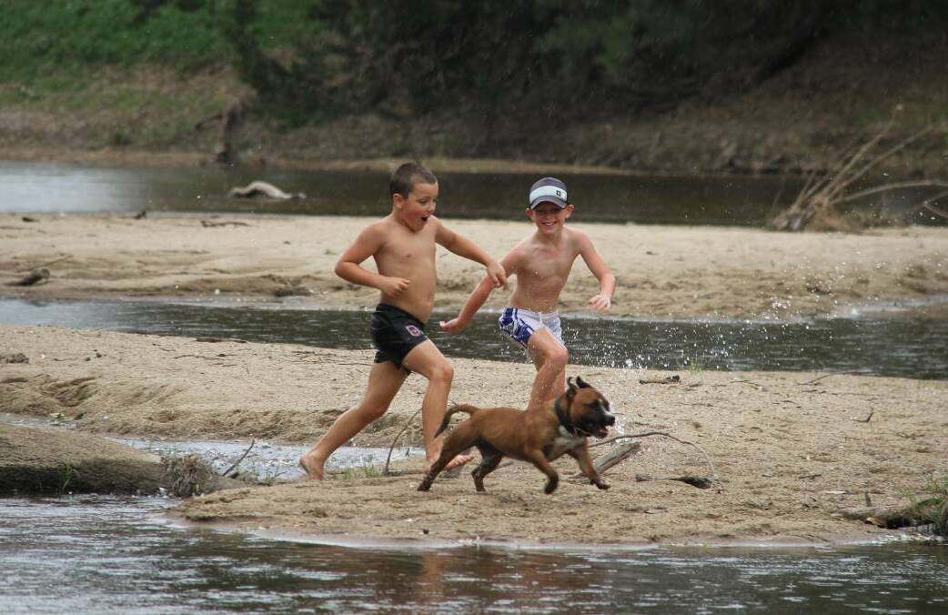 JOY OF CHILDHOOD: Dylan Herring and Riley Hartshorn with dog Lewis on the Murrumbidgee River, which has made the finals of a prestigious photo award.
