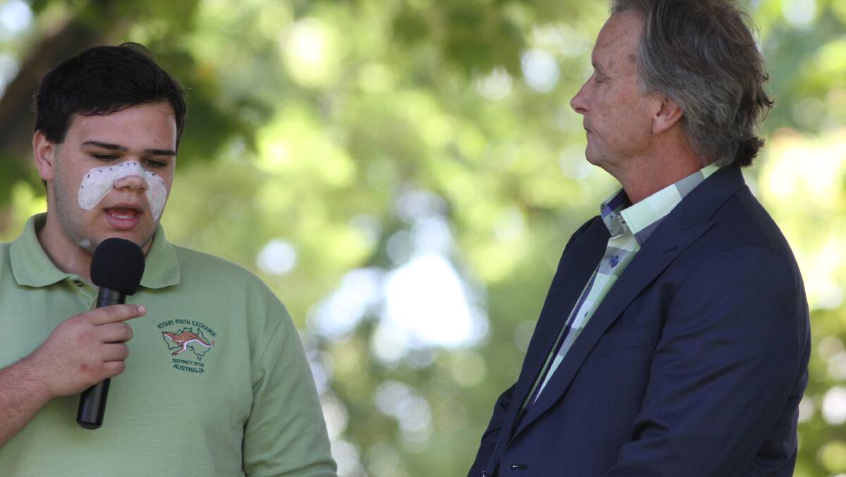 Australia Day Ambassador Peter Wilkins (right) and Elijah Ingram (left) discuss what Australia Day means to him during Leeton’s Australia Day proceedings in 2017.