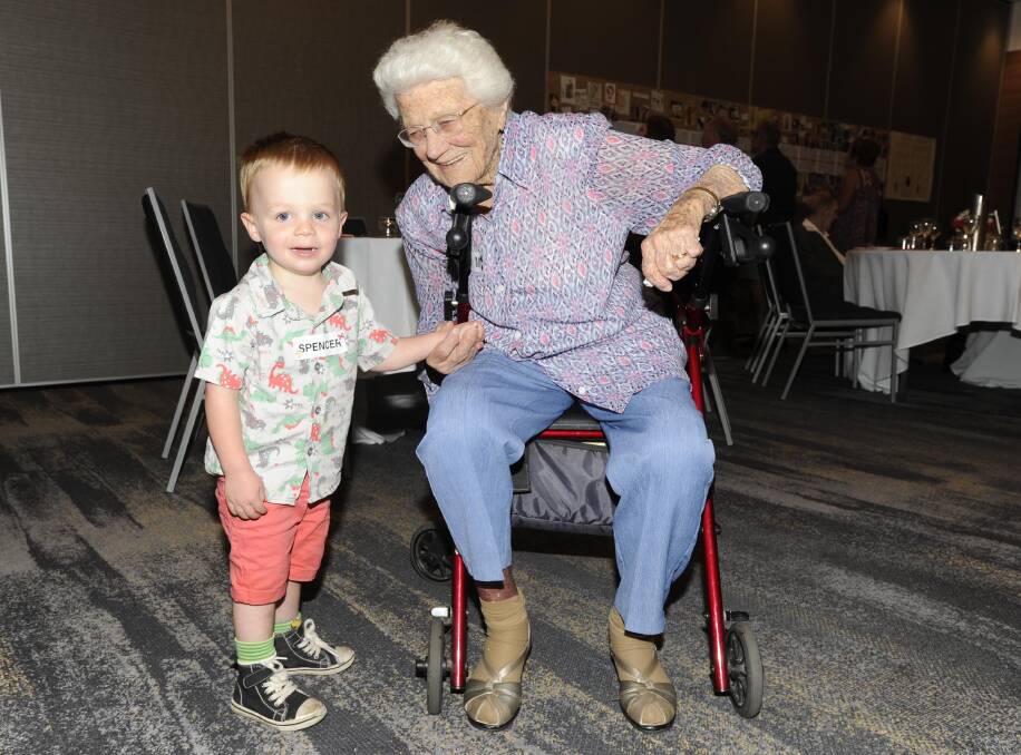 Mrs Nye at her 100th birthday celebrations in January, with Spencer Anderson, 2. 