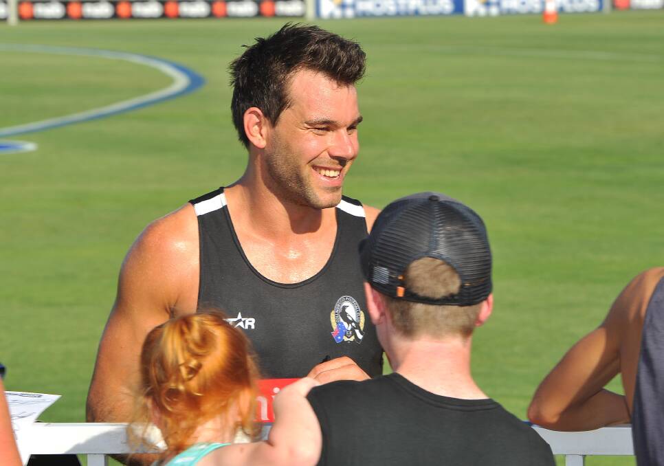 BIG GAME: Levi Greenwood chats with the Collingwood faithful in Wagga. The former North Melbourne player is playing his first game against his old club.