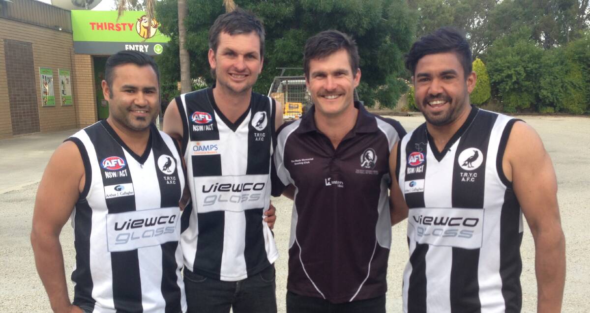SMILING PIES: TRYC recruits Derek Murray (left) and Matt Murray (right) with returning full-back Casey Hillary and Pies coach Tom Yates after signing on for 2017.
