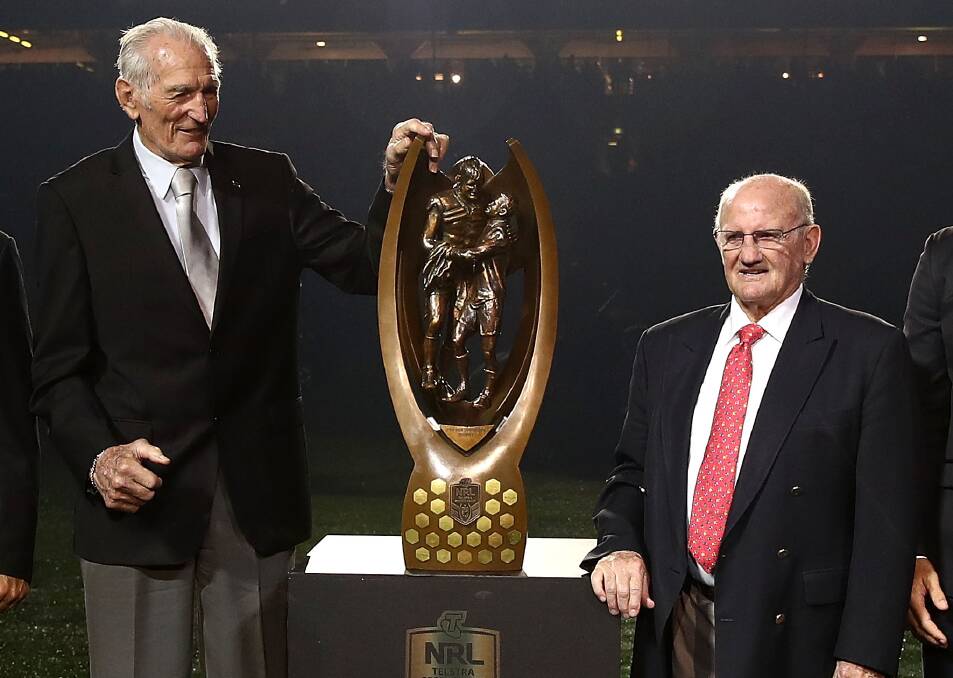 Arthur Summons, right, with Norm Provan at last year's NRL grand final. Summons said late last year that support for country league clubs is worse than it's ever been. Picture: Getty Images