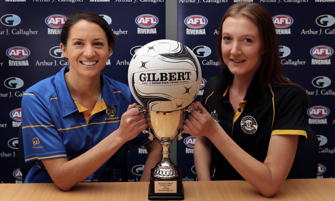 GAME ON: Mangoplah-Cookardinia United-Eastlakes coach Marie Campbell and Wagga Tigers' Jess Allen at the Riverina League A grade netball media conference. Picture: Les Smith