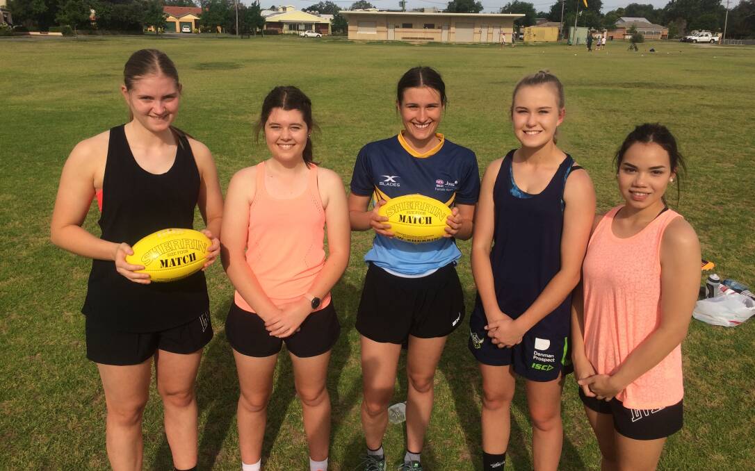 FIRST RUN: Bears players (from left) Sophie Crowl, 17, Taylah Lees, 17, Milli Gentle, 16, Monique Bullock, 17 and Shanae Freeman, 18 at training.
