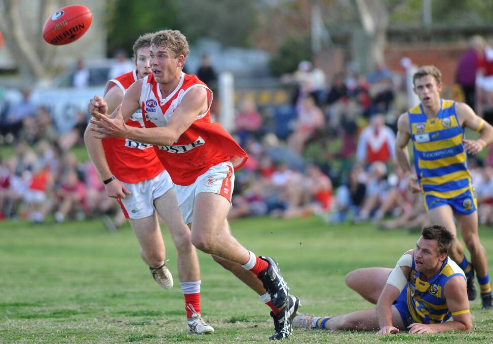 Klemke launches another Demons' attacking raid in last year's grand final at Narrandera Sportsground. Picture: Laura Hardwick