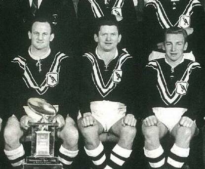Bob Honeysett (centre) played in three premierships with Magpies. He's pictured alongside captain-coach Arthur Summons and Garry Wheeler (right).