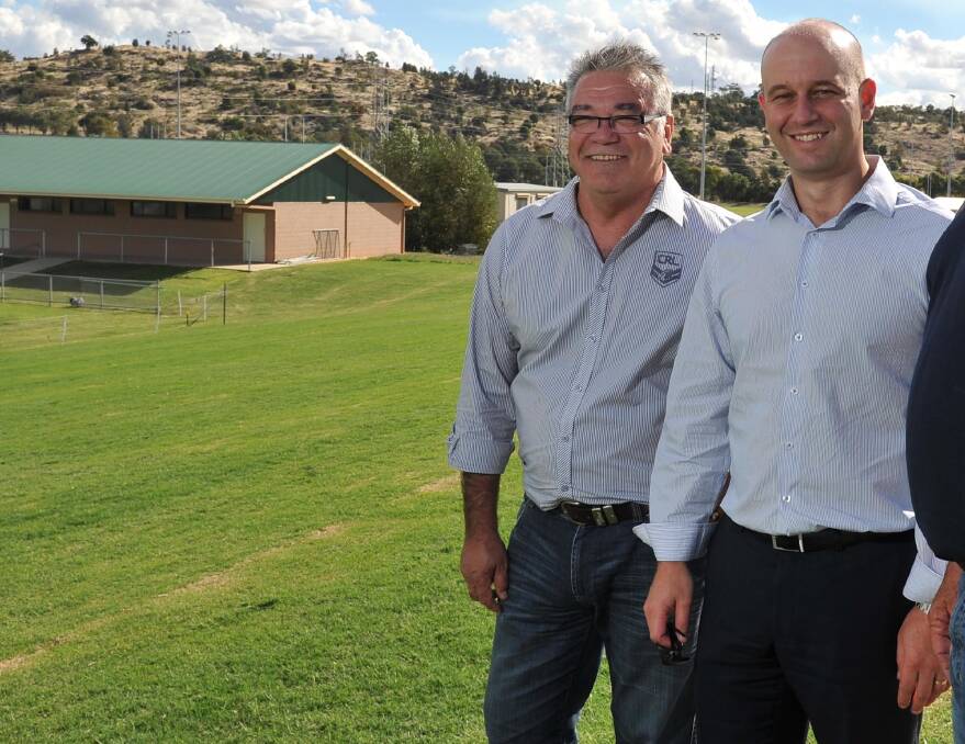 Country Rugby League chief executive Terry Quinn (left) with NRL CEO Todd Greenberg on a 2014 visit to Wagga. 