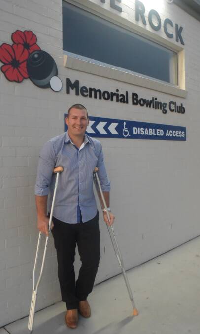 CO-COACH: The Rock-Yerong Creek's Andy Carey at the club's presentation night on Saturday after breaking a bone in his leg during the grand final. Picture: Peter Doherty