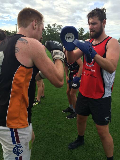 IN AND OUT: North Wagga assistant coach, defender Daniel Jordan (right), will miss the Saints' match against The Rock-Yerong Creek after aggravating a hamstring injury. Dave Karlberg (left) will get the job on Andy Carey with Brayden Skeers likely to match-up on Mitch Ward. Picture: Peter Doherty