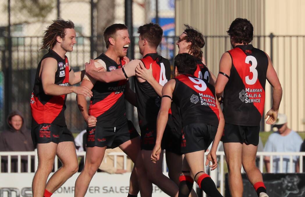 HOW ABOUT THAT? Marrar captain Josh Hagar (second from left) leads the celebrations at the full-time siren on Saturday, along with Jackson Sanbrook, Cal Gardner, Zach Walgers, Brad Moye (9) and Tyler Cunningham (3). Picture: Les Smith
