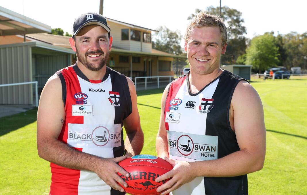 North Wagga's new co-assistant coach, Lachie Steward (left), is welcomed to the Saints by coach Kirk Hamblin. Picture: Kieren L Tilly