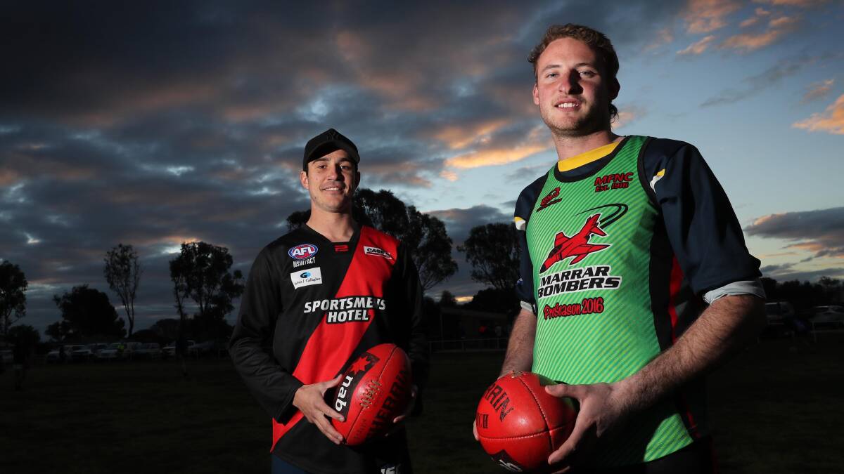 BIG DAY: Marrar backmen Josh Suckling (left) and Jesse Cunningham at training on Thursday night, ahead of Saturday's grand final. Picture: Les Smith