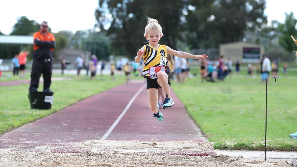 TAKING OFF: Cloe Bray,6, launches in the long jump during a Wagga Little Athletics club night at Jubilee Park on Thursday. The facility is also used by Kooringal-Wagga Athletics and for all school carnivals. Picture: Kieren L Tilly