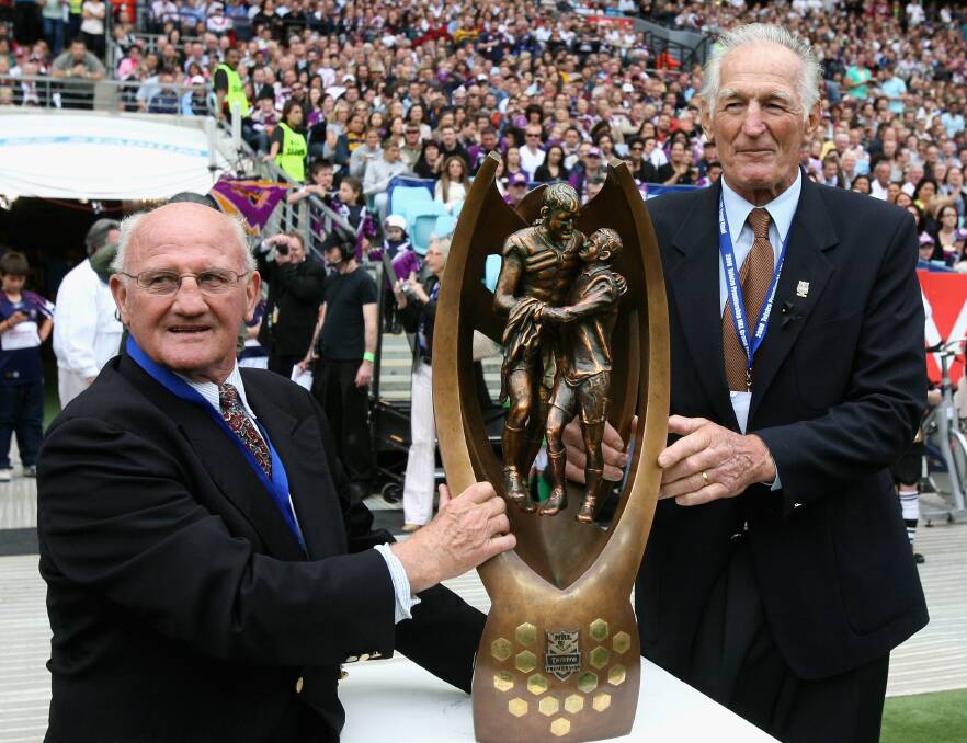 Arthur Summons and Norm Provan with the trophy named in their honour at the 2008 NRL grand final. Picture: Getty Images