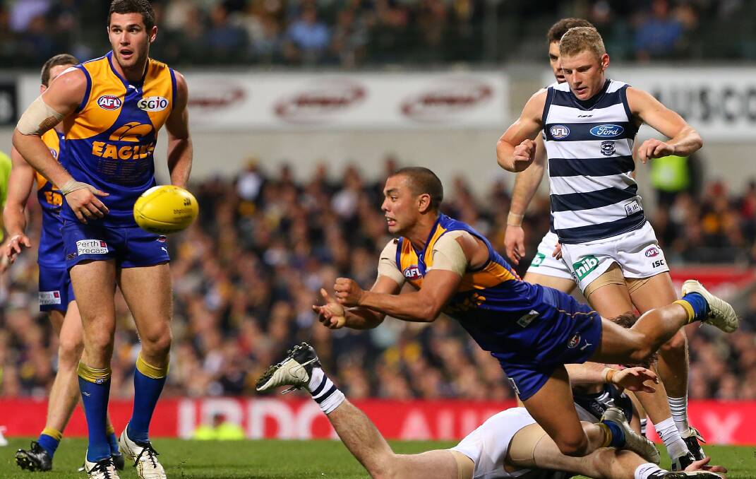WAGGA-BOUND: Daniel Kerr fires out a handball for the Eagles against Geelong in 2012. Picture: Getty Images