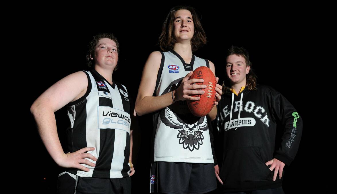 Young Magpies Dale Marsden, Jack Driscoll and Lachlan Stear pictured in August, looking forward to playing under 17s for The Rock-Yerong Creek. Picture: Laura Hardwick