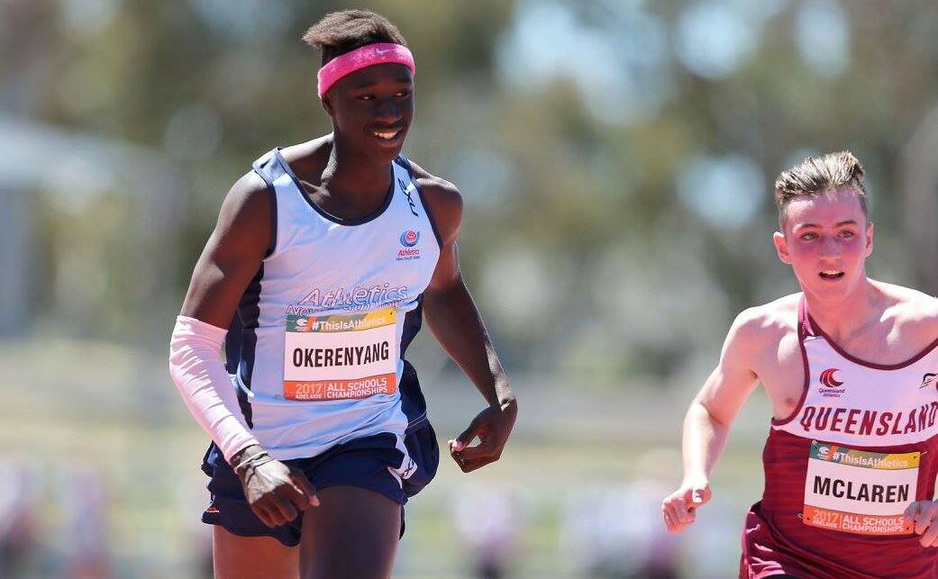 A smiling Okerenyang wins the boys under 16 100m in Adelaide. Picture courtesy Athletics Australia