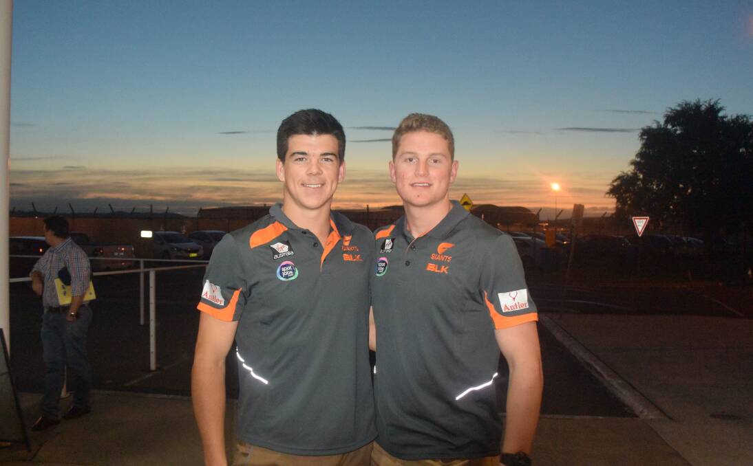 DRAFTEES: Collingullie's Matt Kennedy (left) and Leeton's Jacob Hopper at Wagga airport the day after being drafted by GWS Giants. They were among four Riverina players drafted by the Giants, joined by Matt Flynn (Narrandera) and Harry Himmelberg (Mangoplah). Picture: Peter Doherty