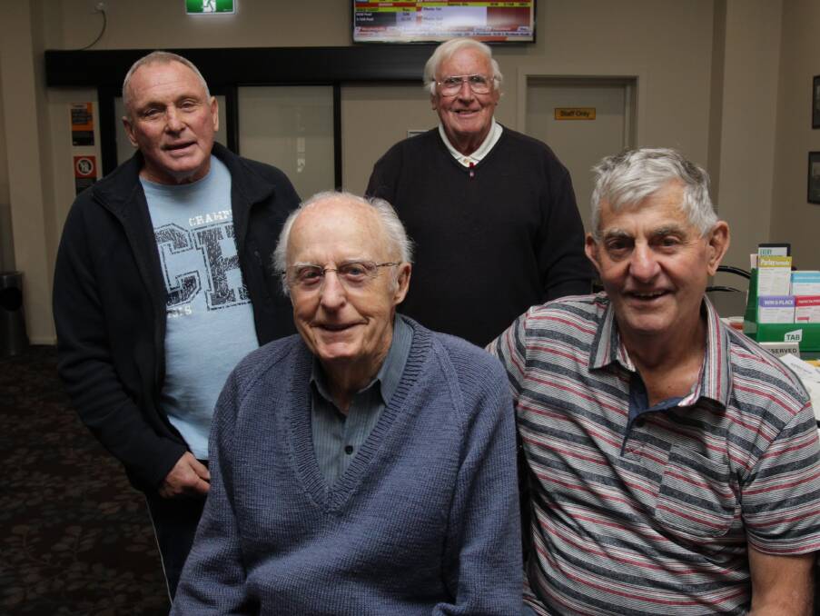 MAGPIE MEMORIES: (back, from left) Bruce Stewart and Mel Hopwood and (front, from left) Brian Partridge and Cyril Wild at the Wagga Magpies reunion of the 1965, 1966, 1967 premierships. Picture: Les Smith
