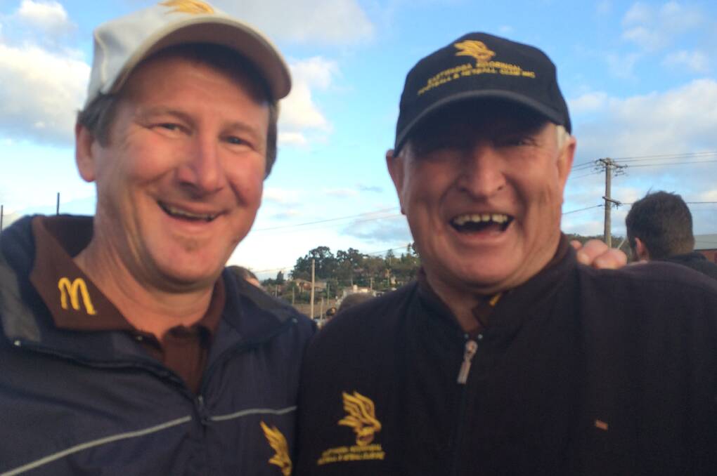 ALL SMILES: Former president Rob Richards and faithful clubman Ken Reynolds soak up success at Robertson Oval on Saturday. 