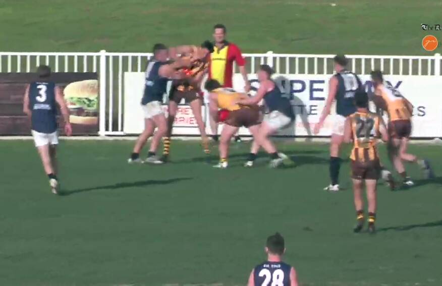 TRIBUNAL DATE: East Wagga-Kooringal's Zac Robinson's elbow on Brandon Mathews which sparked a third quarter melee. Picture: CSU TV (screen grab)