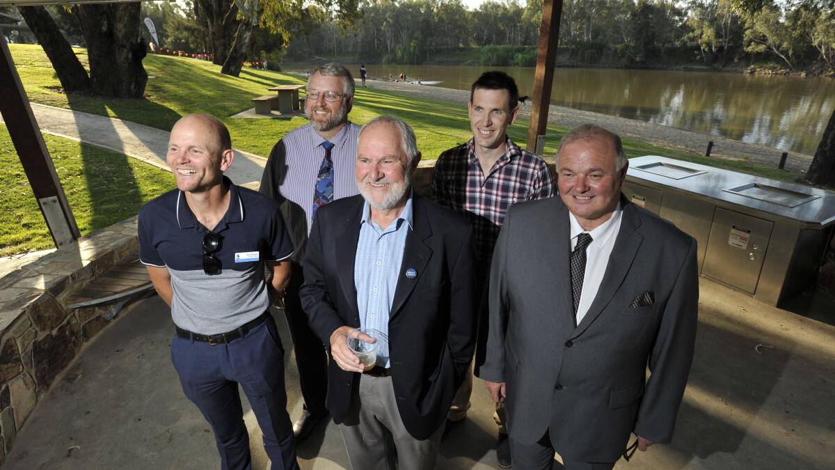 NOW OPEN: WWCC strategic officer WWCC Rob Sharpe, NSW Primary Industries Lands' Grant Marsden, mayor Rod Kendall, WWCC commerce and economic development officer James Bolton and WWCC acting general manager Alan Eldridge at the opening of Wagga Beach stage 1. Picture: Les Smith