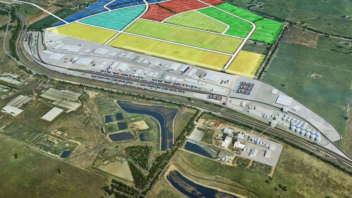 PLAN: A 3-D model of the proposed RiFL Hub site, with key stage one features such as the intermodal terminal, grain and oil seed facility, hardstand, 1800m train capacity and container park.