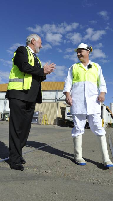 BIG BUCKS: Wagga mayor Rod Kendall discusses the planned $50 million Teys expansion with general manager of operations Andrew Ross. Picture: Les Smith 