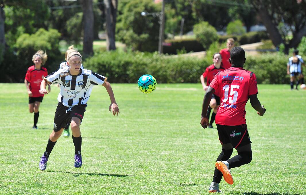 ON FRONT FOOT: Wagga City Wanderers Academy under 14 player Irish Freemantle in a trial match against Murray United at Gissing Oval on Sunday. The under 14s won a hard-fought game 2-0. Picture: Kieren L. Tilly