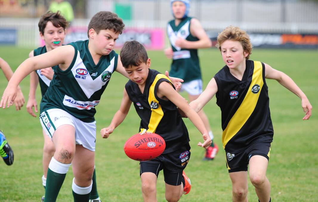 NOMINATED: Thomas Spackman chasing the ball in the under 11's Australian rules as Wagga Tigers play Coolamon at Robertson Oval on Saturday. Picture: Kieren L. Tilly