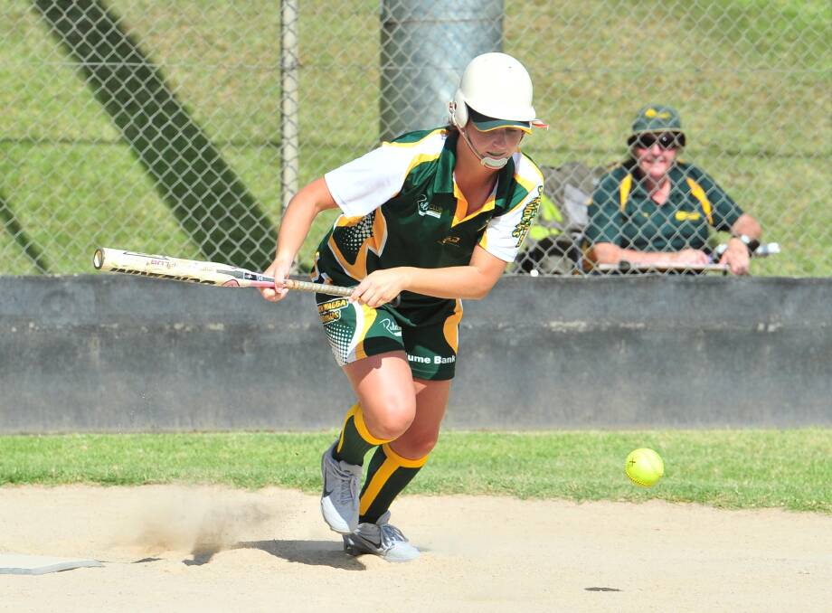 HARD YARDS: South Wagga Warriors' Jess Swaysland making base in Turvey Park's seven-run comeback at French Field on Saturday. Picture: Kieren L. Tilly