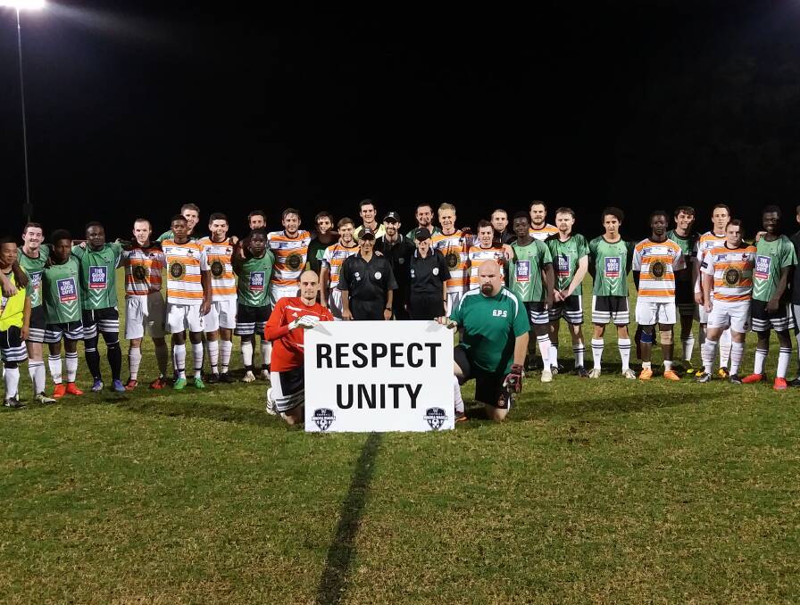 EMBRACE: South Wagga and Wagga United celebrate multiculturalism in Wagga soccer and convey a message of respect towards fellow players and officials. Picture: Ian Hardinge