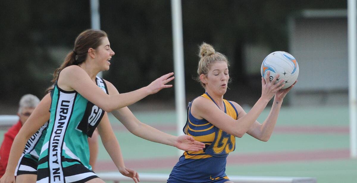 Turvey Park high-scorer Morgan Watts avoids Uranquinty's Grace Cornell in the A Grade netball at Equex on Saturday. Picture: Laura Hardwick