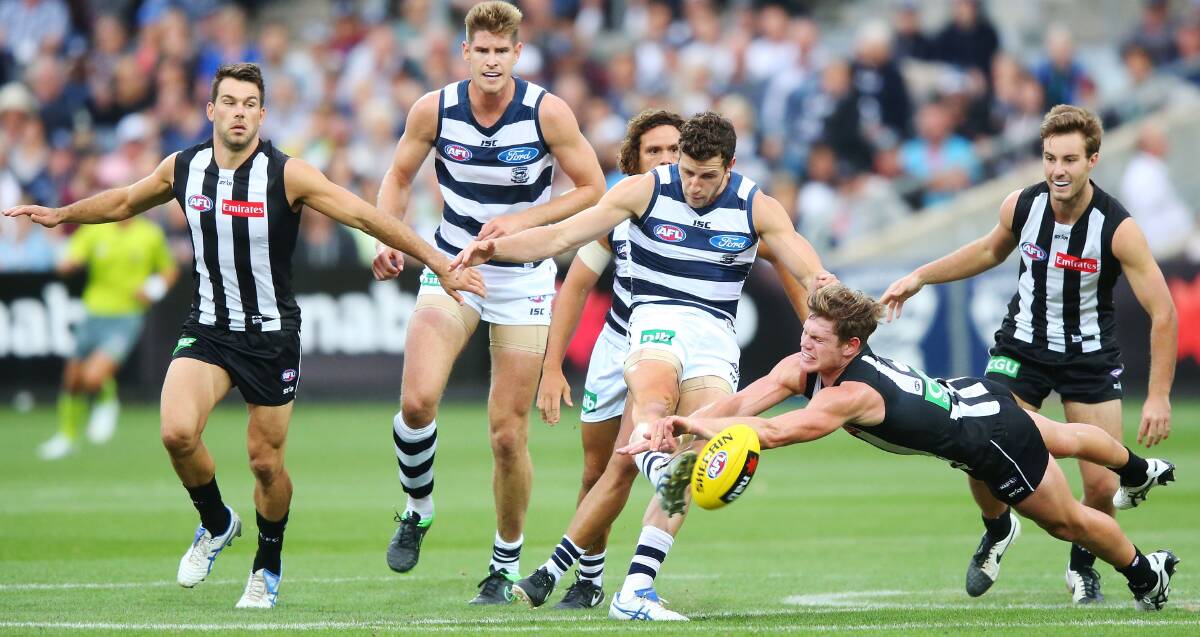 SMOTHER: Jarryd Blair of the Magpies smothers the kick of Sam Menegola of the Cats in the first round of the 2016 NAB Challenge in Geelong on the weekend. Picture: Getty Images