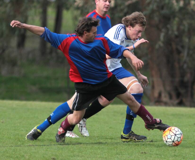 Nomads player Michael halls shields the ball from Tolland's Henry Brind at Rawlings Park in May. Picture: Les Smith