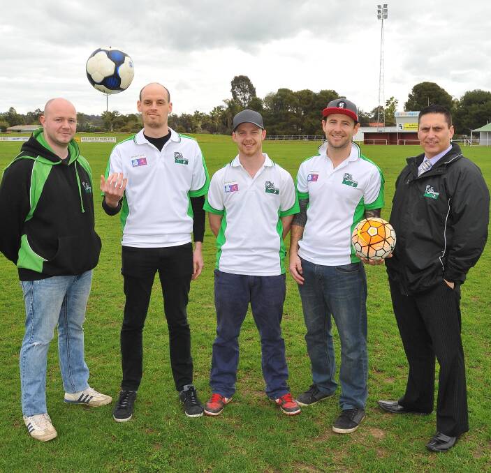 KEEN: South Wagga six-a-side players (from left) Dermot Collins, Brett Scammell, organiser Andrew Hull, Marty Cutler and David Merlino at Maher Oval, looking forward to the season, starting on November 17. Picture: Kieren L. Tilly