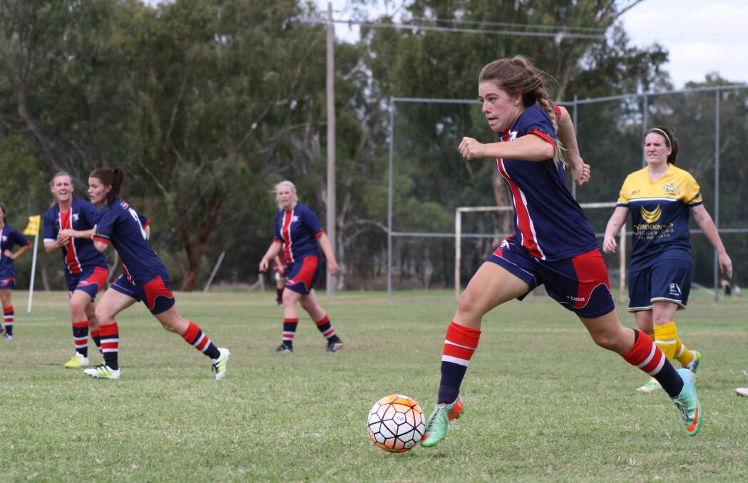 YOUNG GUN: Henwood Park Hawks' right back Grace Di Trapani adds intensity in attack, and speed in defence. Here, she plays Junee in April. Picture: Mary Woodbury