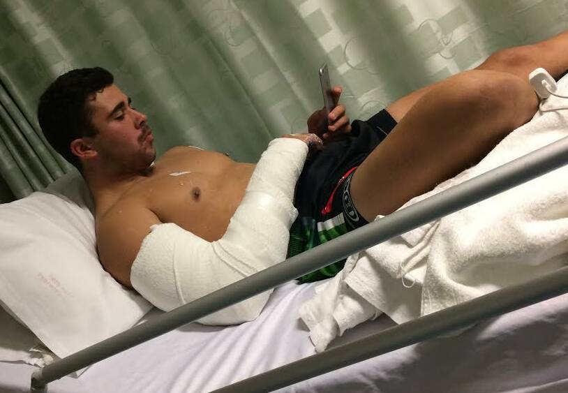 Albury Thunder's Mac Daly rests up in hospital after dislocating his wrist against Tumbarumba at Greenfield Park on Saturday.