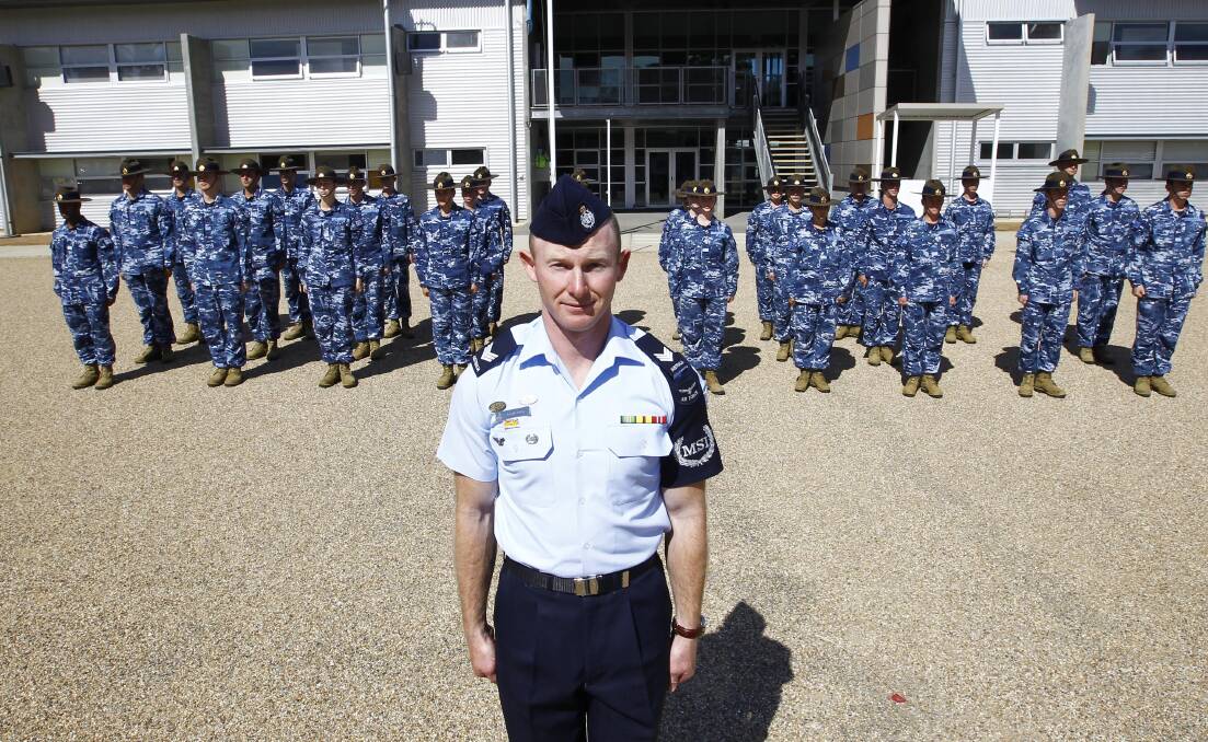 RAAF instructor sergeant Joseph Munro with recruit course Flight 4-17 Bravo.