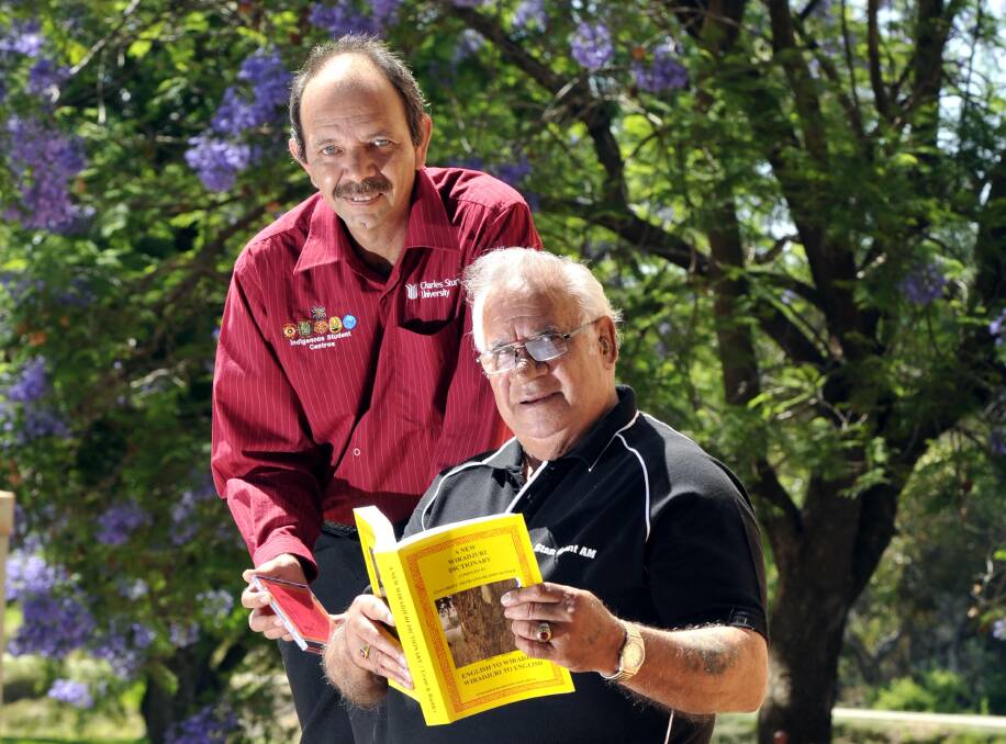Keeping culture alive: CSU Indigenous student centres manager Lloyd Dolan with Dr Stan Grant AM - writer of the second New Wiradjuri Dictionary.