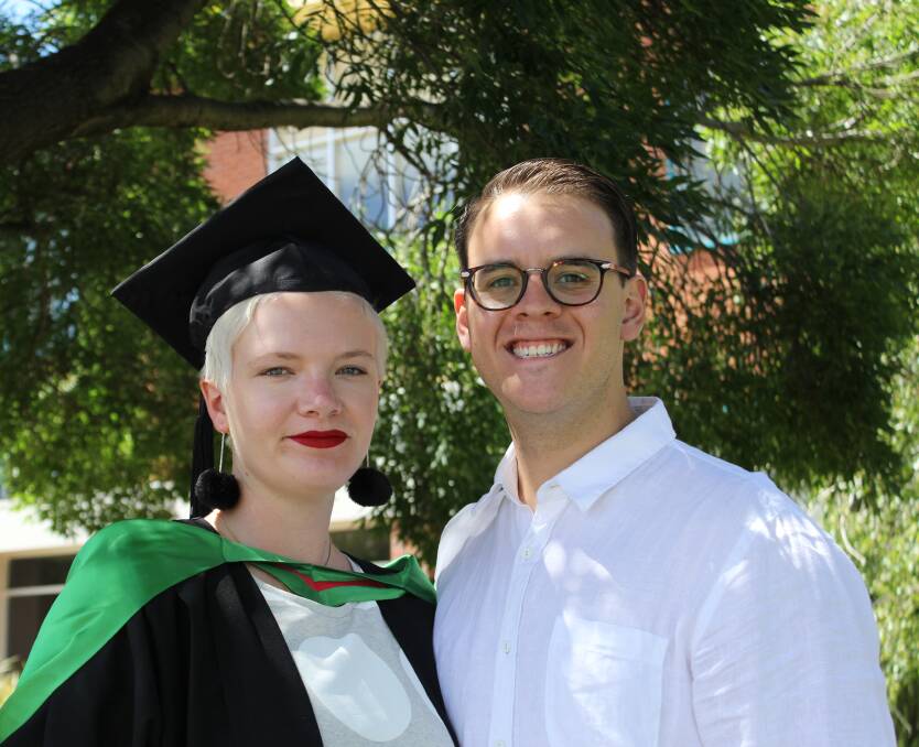 Textbook tale: Wagga photographer, lecturer and artist James Farley graduated CSU on Monday alongside his wife-of-two-days and fellow artist Kate Allman. 