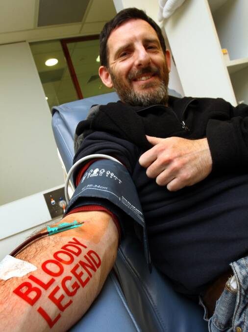 Saving lives: Wagga's Blood Bank staff are thanking donors like David Thomson during National Blood Donor Week with ‘Bloody Legend’ tattoos. Picture: Les Smith