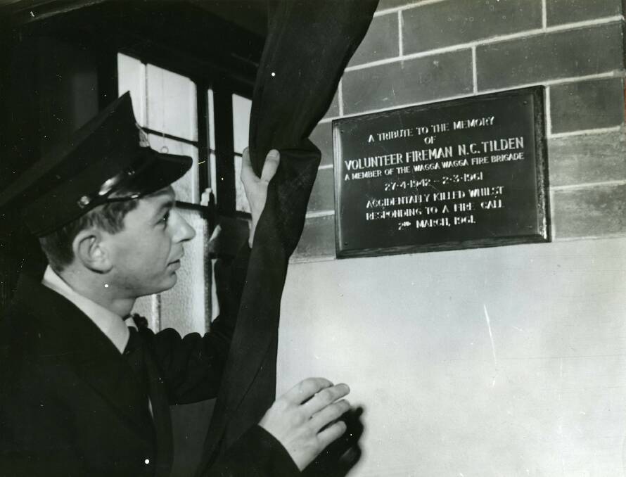 HONOUR: A memorial for fireman Norman Cecil Tilden who was killed March 2, 1961 while responding to a fire in Tarcutta Street. His vehicle collided with a car at the corner of Baylis and Morrow streets. Picture: Lennon Collection