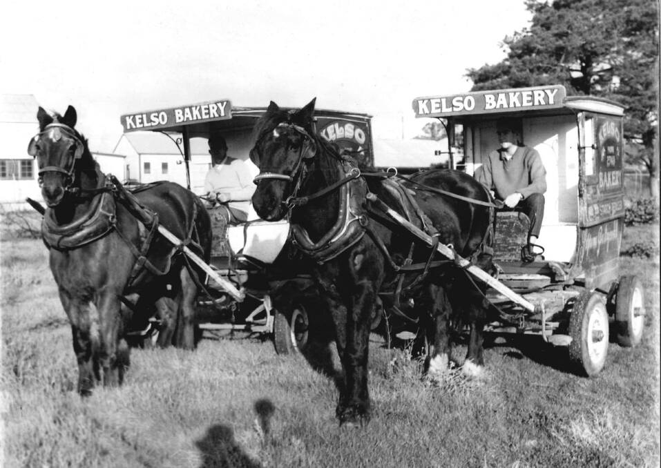 The Kelso Bakery, located at 160 Baylis Street opposite the Plaza Theatre, was established by Master Baker Cam Robertson and his father-in-law in the late 1920s. Later Cam Robertson bought out his father-in-law and the business was operated on behalf of Robertson himself and his wife Elsie.
 
The horse-drawn Kelso Bakery carts were well known in Wagga. They were used by the Bakery until August 1964 when they were replaced by motorised transport not long after the Kelso Bakery amalgamated with the Riverina Bakery. It was a nostalgic occasion, signalling the end of an era. The horses named ‘Nigger’ and ‘Toby’ had between them clocked up forty years of service with the Kelso Bakery.
 
One of the drivers, Roy Edmondson, claimed that a horse and cart was better than a truck as horses knew the route forwards and backwards and, he claimed, ‘you can whistle up a horse but you can’t whistle up a van’. Photo: Sherry Morris Collection