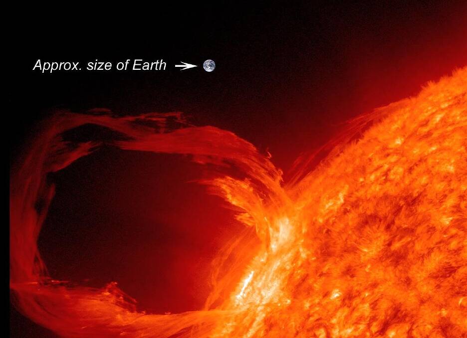 SOLAR FLARE: The size of a major solar flare compared to Earth. Picture: NASA