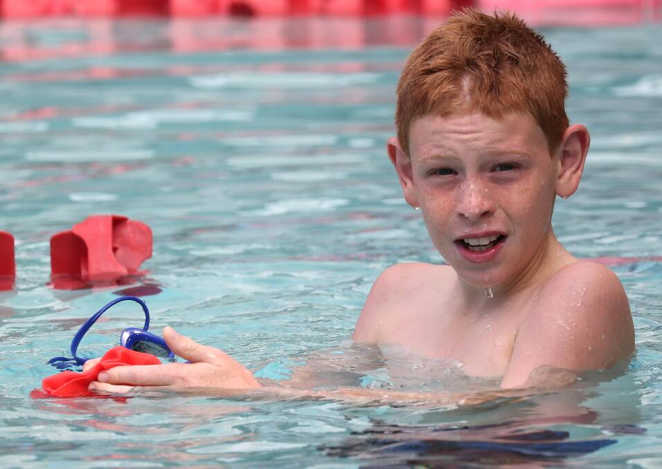 RACE: Samuel Bennett after competing in the 12 years 50m backstroke during the Christian Schools Sports Association swim carnival at the Oasis last week. Picture: Les Smith