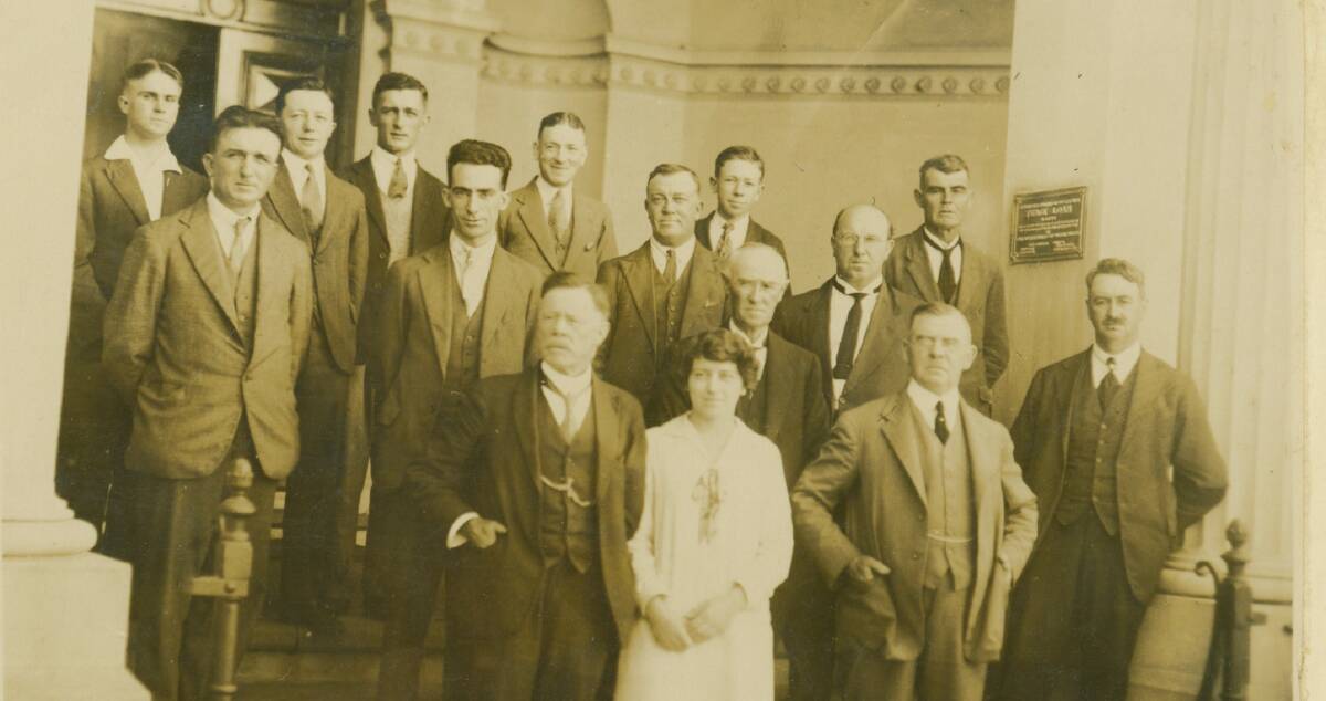 LOCAL COUNCIL: Wagga City Council staff on the steps of the Council Chambers in 1927. Mayor EE Collins is at the front on the right. Picture: Sherry Morris collection