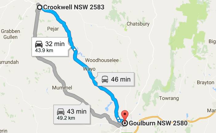 A police pursuit stretched from Crookwell to Goulburn on March 21, with a man taken into custody. Image: Google Maps.